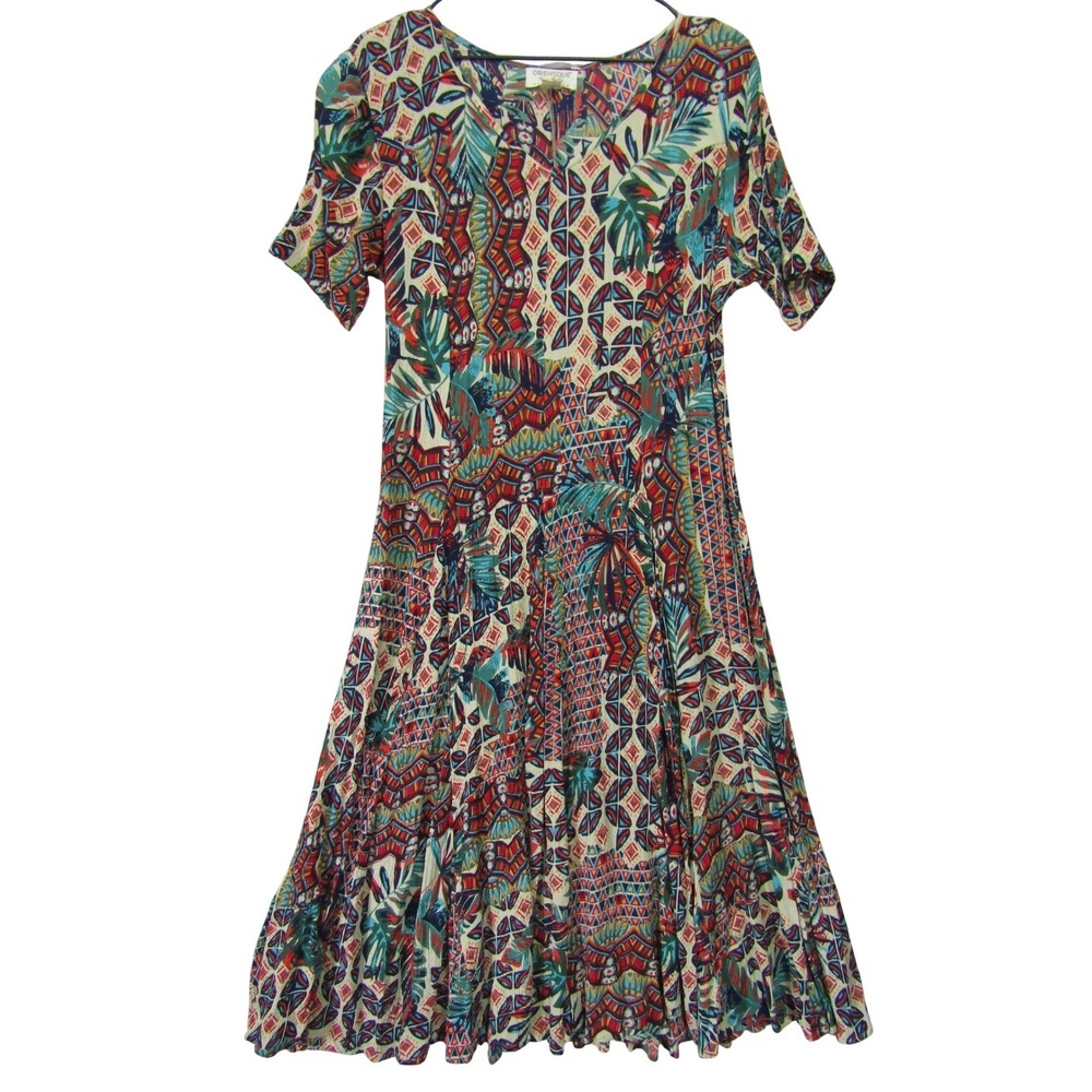 Orientique‎ Midi Dress Womens S Multicolor Good Tropical Geometric Rayon Boho